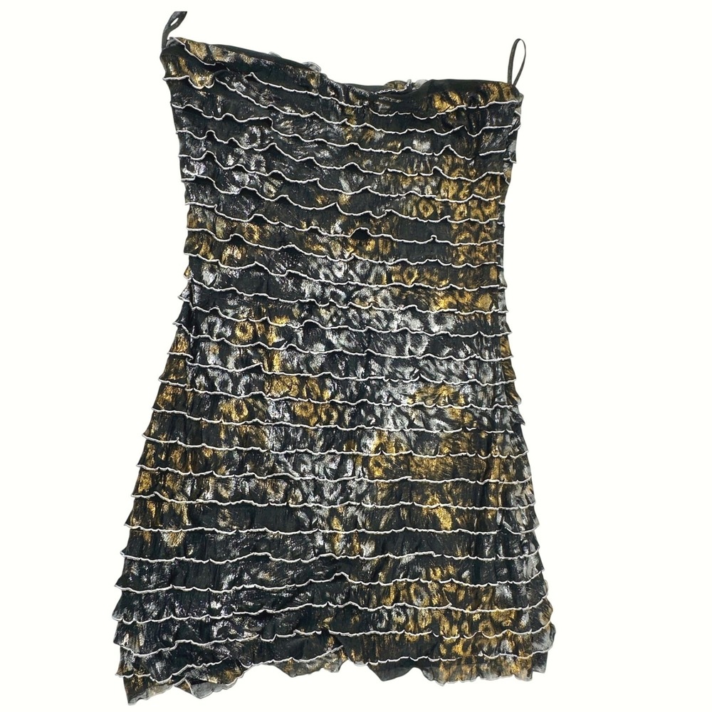 Arden B Strapless Ruffle Mini Dress Women L Black Gold Animal Foil Slim Y2K New